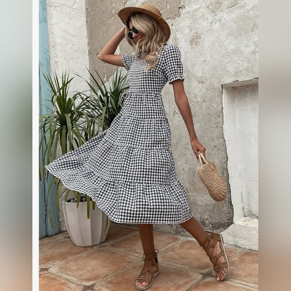 Gingham Puff Sleeve Ruffle Hem Smock Midi Dress Black & White Size Small - Picture 2 of 6